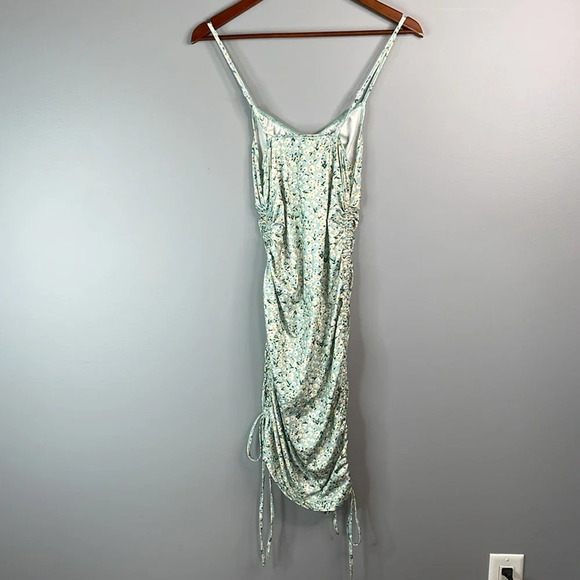SHEIN Ditsy Floral Ruched Dress Light Teal Cutout Drawstrings Tied Spaghetti S - Picture 10 of 15